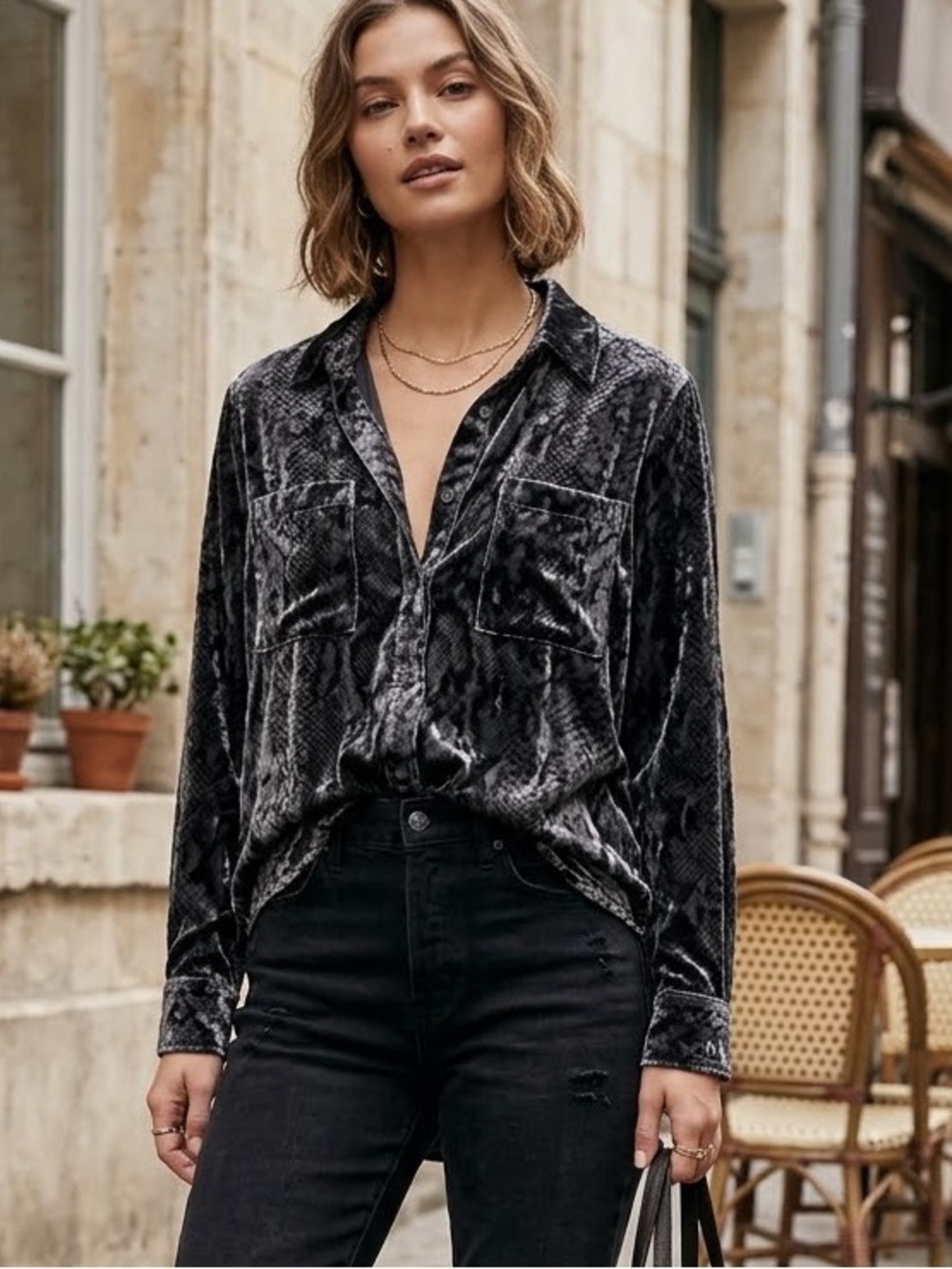 Pilcro Anthropologie Velvet Crushed Snakeskin Button Down Top XXS Oversized